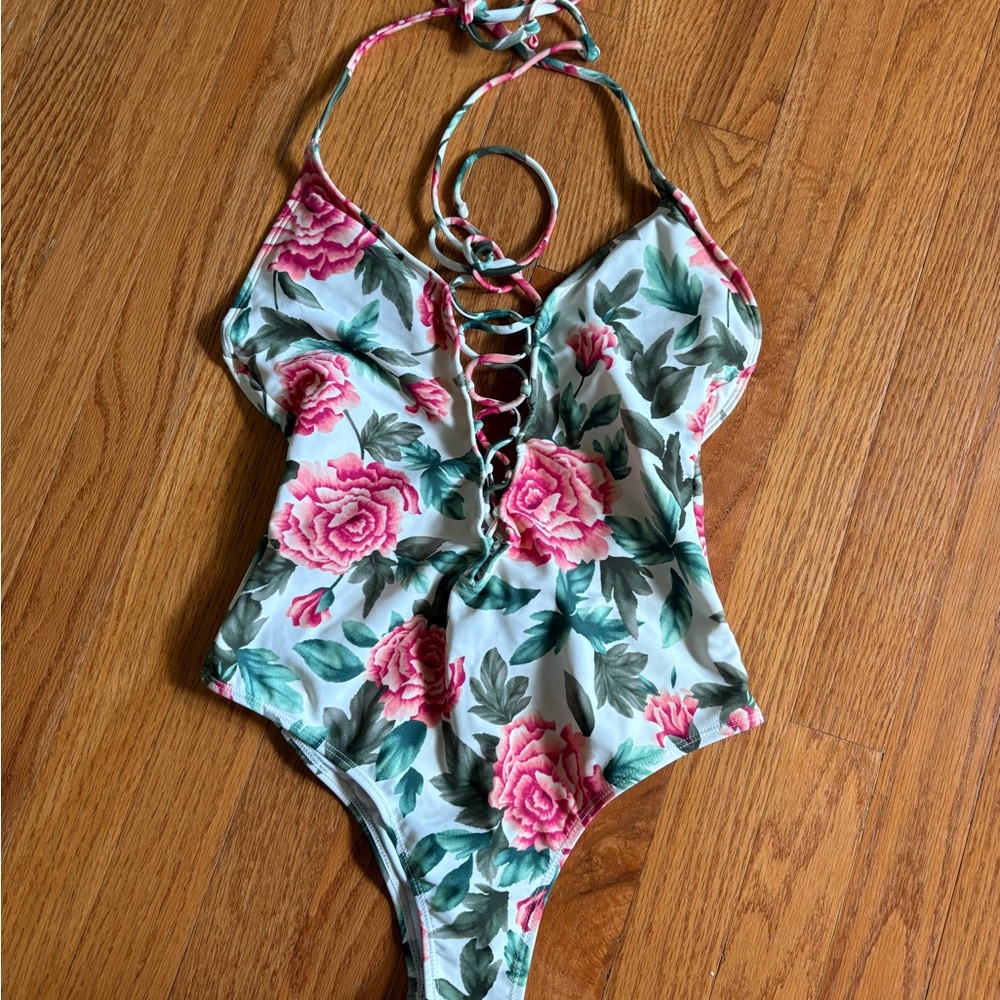Forever 21 Floral Lace-Up One Piece Swimsuit XS